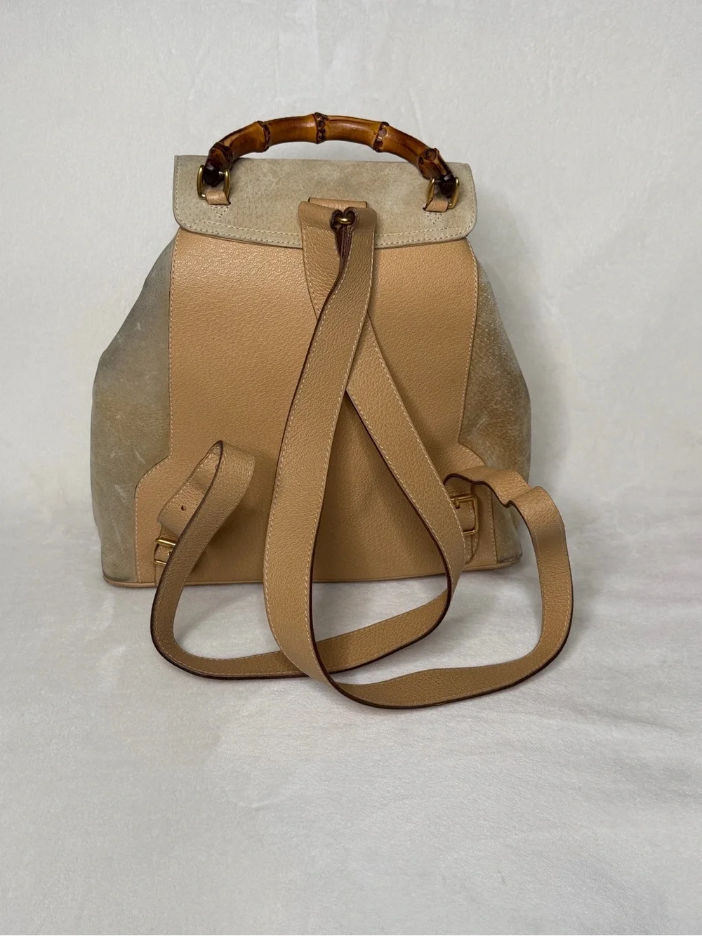 Gucci Beige Suede & Tan Leather Bamboo Handle Backpack